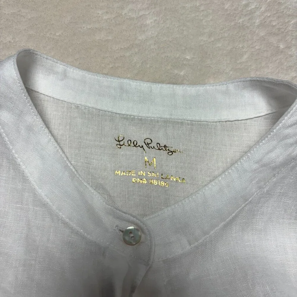 Lilly Pulitzer Womens Briette Button‎ Down Blouse Sz Medium White Vacation Linen